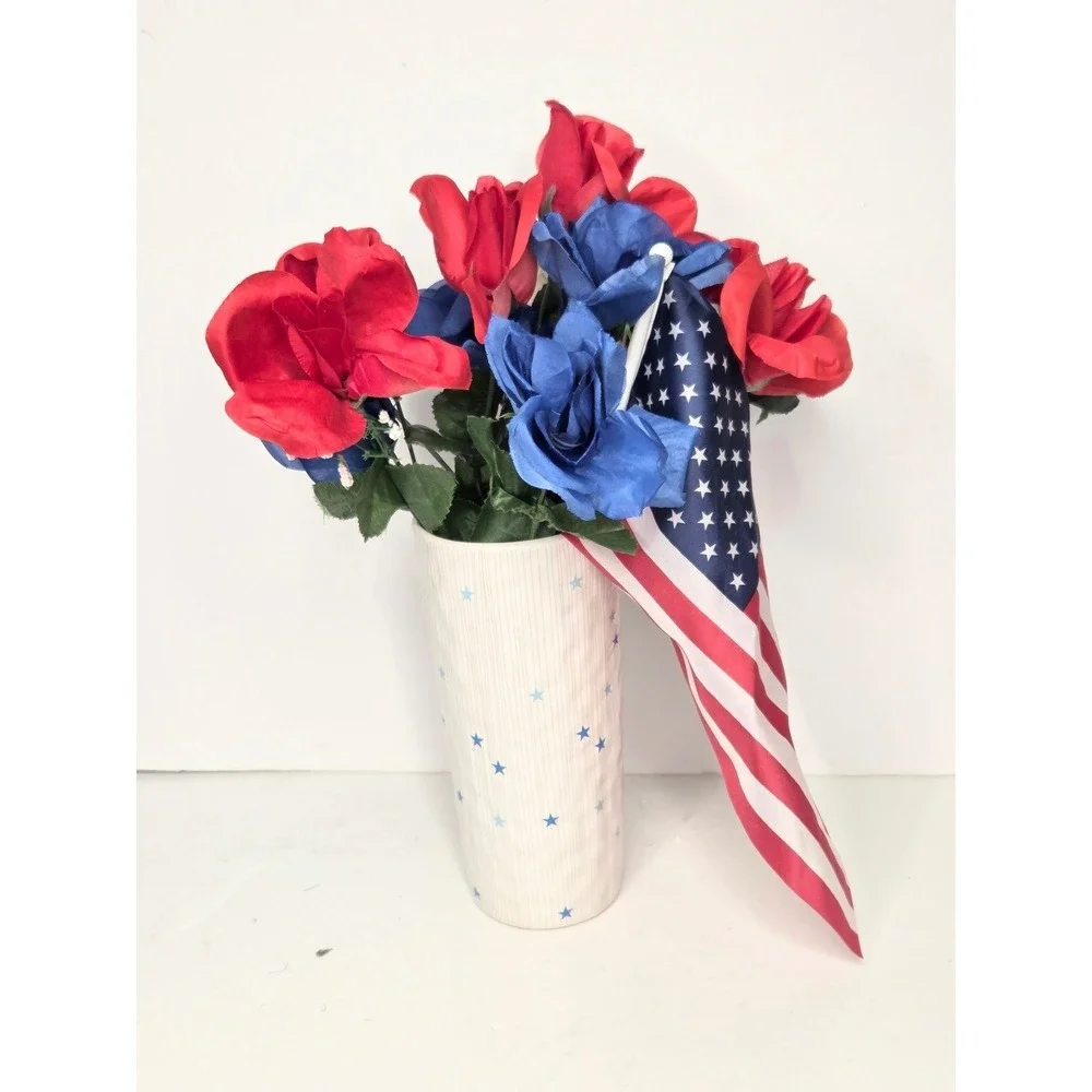 Blue Stars Ceramic Flower Vase Americana‎ Patriotic Decor or New Baby Boy Birth